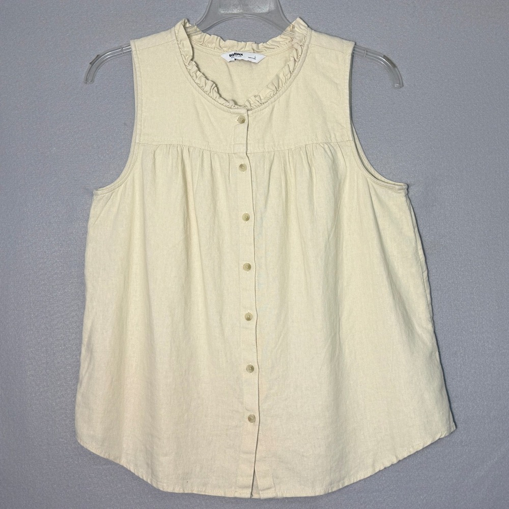 Sonoma Ruffle Neck Sleeveless Top Womens Size L Cream Linen Blend Coastal Boho